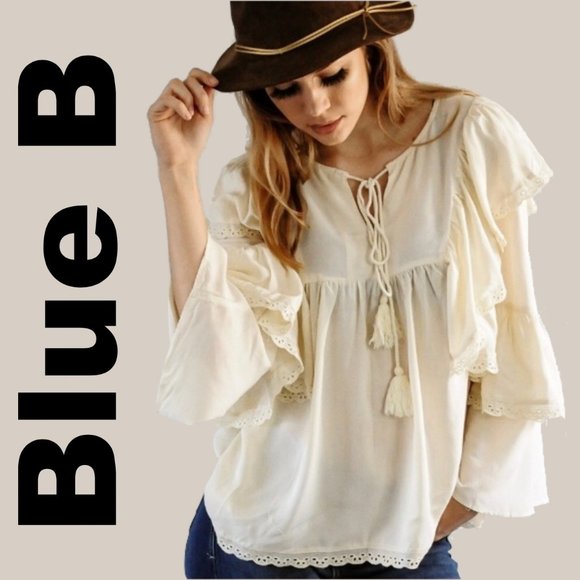 Blue B Tops - NWOT Bohemian Ruffled Peasant Top with Lace Accent Size L